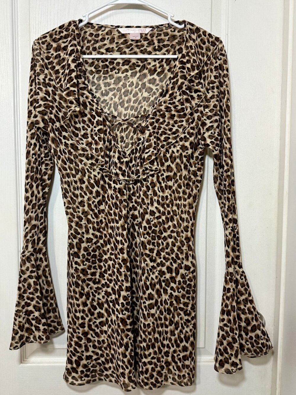 VTG Y2K Victoria's Secret Leopard Print Ruffle Bell Sleeve Mini Dress/Tunic Pink